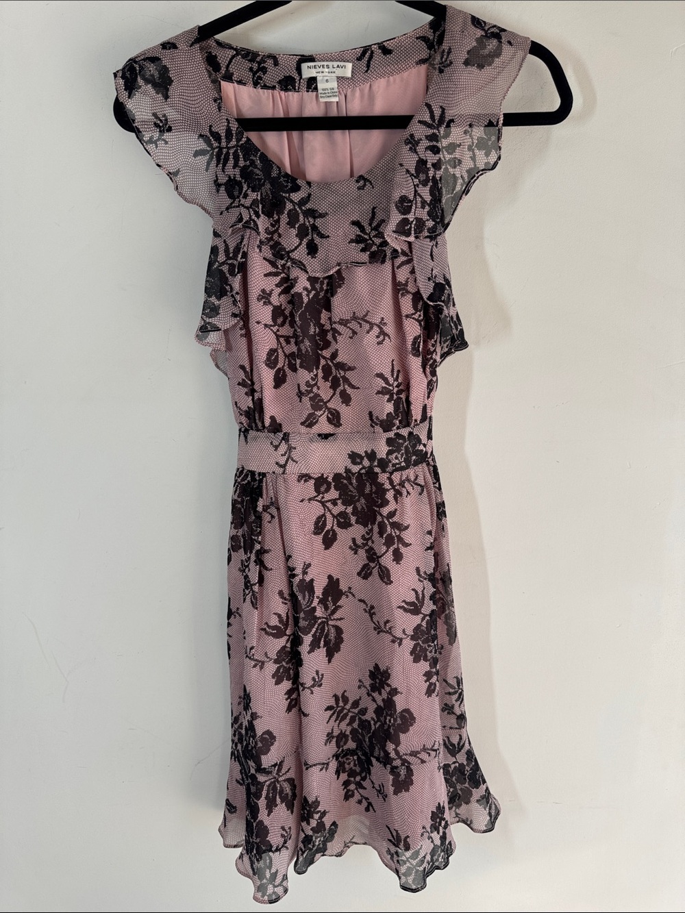 Nieves Lavi Silk Blush Pink Dress Floral Overlay Cocktail Wedding Boho Size 6